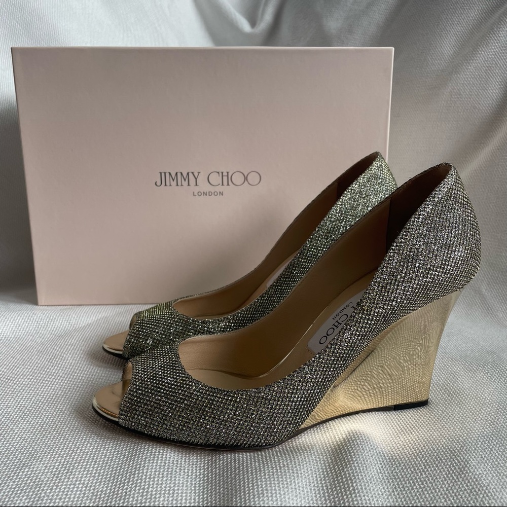 Jimmy Choo Women's Baxen Lame Glitter Peep Toe Gold Wedge Heels size 37